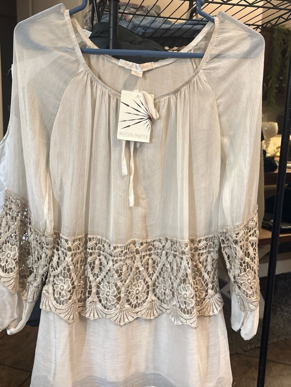 Boston Proper Cream Crochet-Trim Peasant Blouse